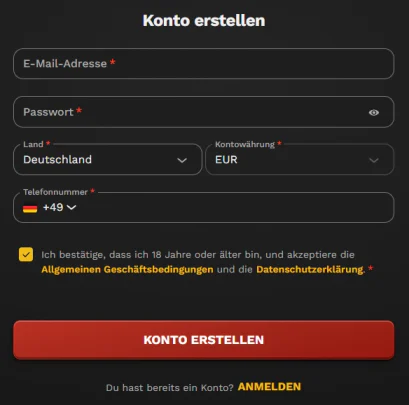Anmeldeformular des Bangawin Casinos mit E-Mail Passwort Land und Kontowährung